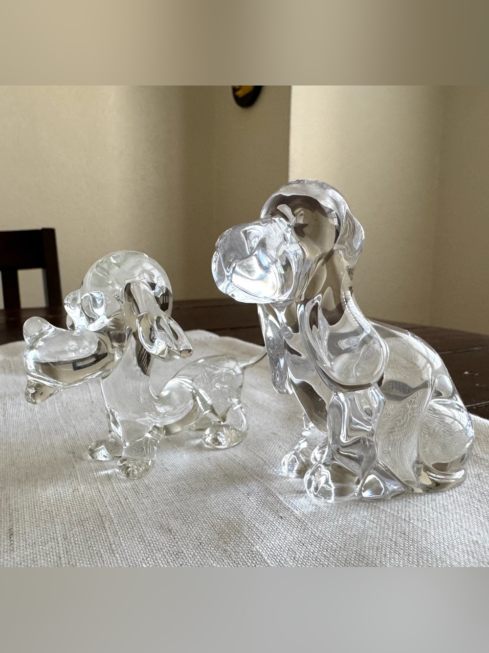 Signed “Daum France” Clear Lead Crystal Dog Figurine Set. Basset Hounds. Vintage